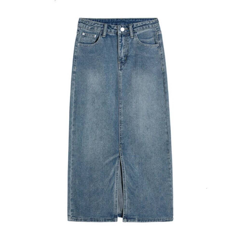 Summer Women High-waist Retro A- line Pockets Front Slit Washed Blue Denim Skirts Hip-covering Straight Long Jeans Skirt dongdumaoyi