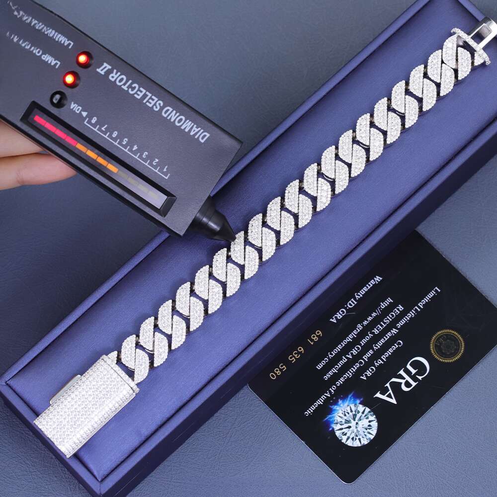 Popular Style 13mm 15mm Wide Hip Hop S Sier VVS Moissanite Iced Out Dia Cuban Bracelet