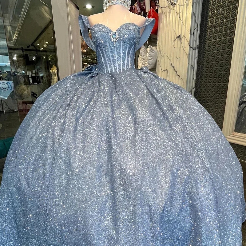 Light Blue Shiny Off The Shoulder Quinceanera Dresses Ball Gown Beads Bow Party Birthday Sweet 16 Dress Vestidos De 15 Anos