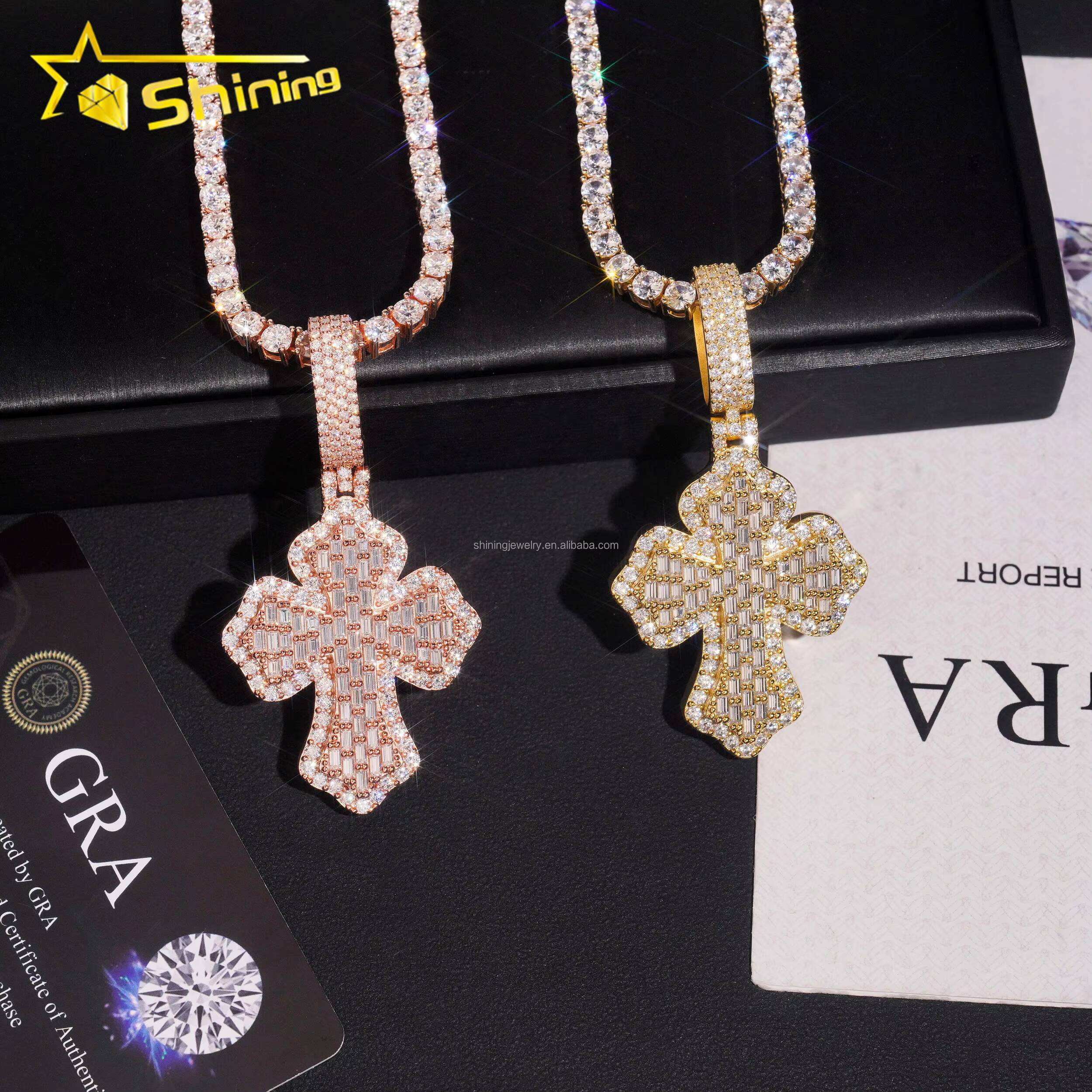 New Arrivals Fire Jewelry Hip Hop Stylish Rapper FL Moissanite Baguette Diamond S925 Solid Silver Iced Out Man Cross Pendant Set