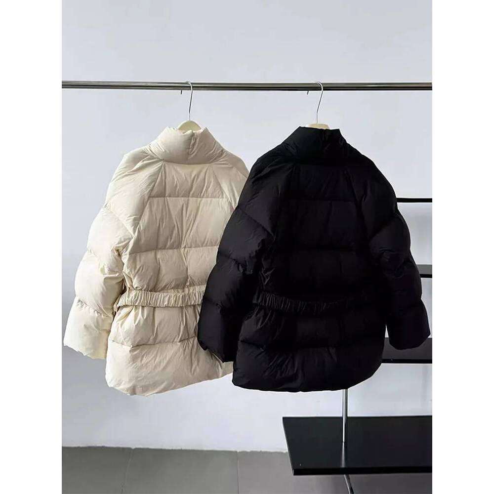 Lagabogy 2025 Winter Belt Waist-Tight Elegant Warm 90% White Duck Down Jacket Female Long Sleeve Solid Color V-Neck Puffer Coat
