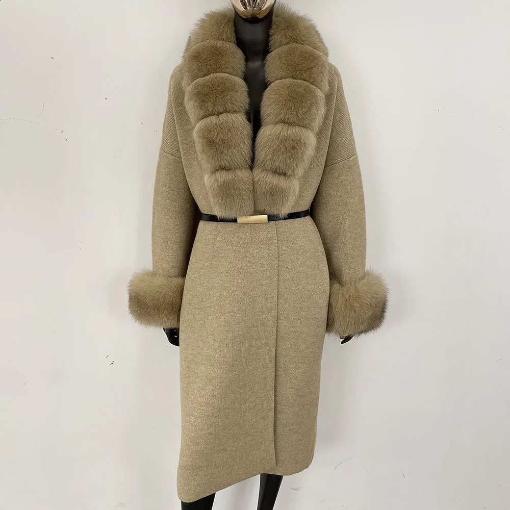 Long Knitwear Coat Women Warm Belt Real Fox Fur Jacket Female Autumn Winter Kintted Natural 250911