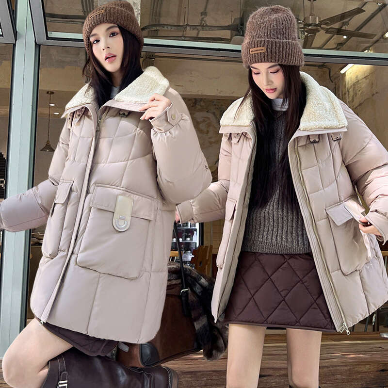 Winter Korean Style Loose Slimming Thickened Down Jacket for Women, Mid-Length Lamb Wool Spliced High Collar Cotton Coat