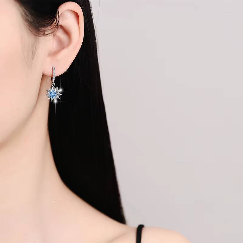 Fine Jewel Flower Shape S925 Silver Design GRA Test Drill Pen 105Ct Blue Pink Color Moissanite Stud Pendants Hoop Earrings