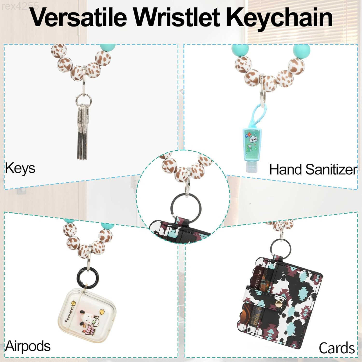 Cow Wristlet Bracelet Keychain with Wallet Card Holder Silicone Beaded Keyring Purse for Women GirlsW250911