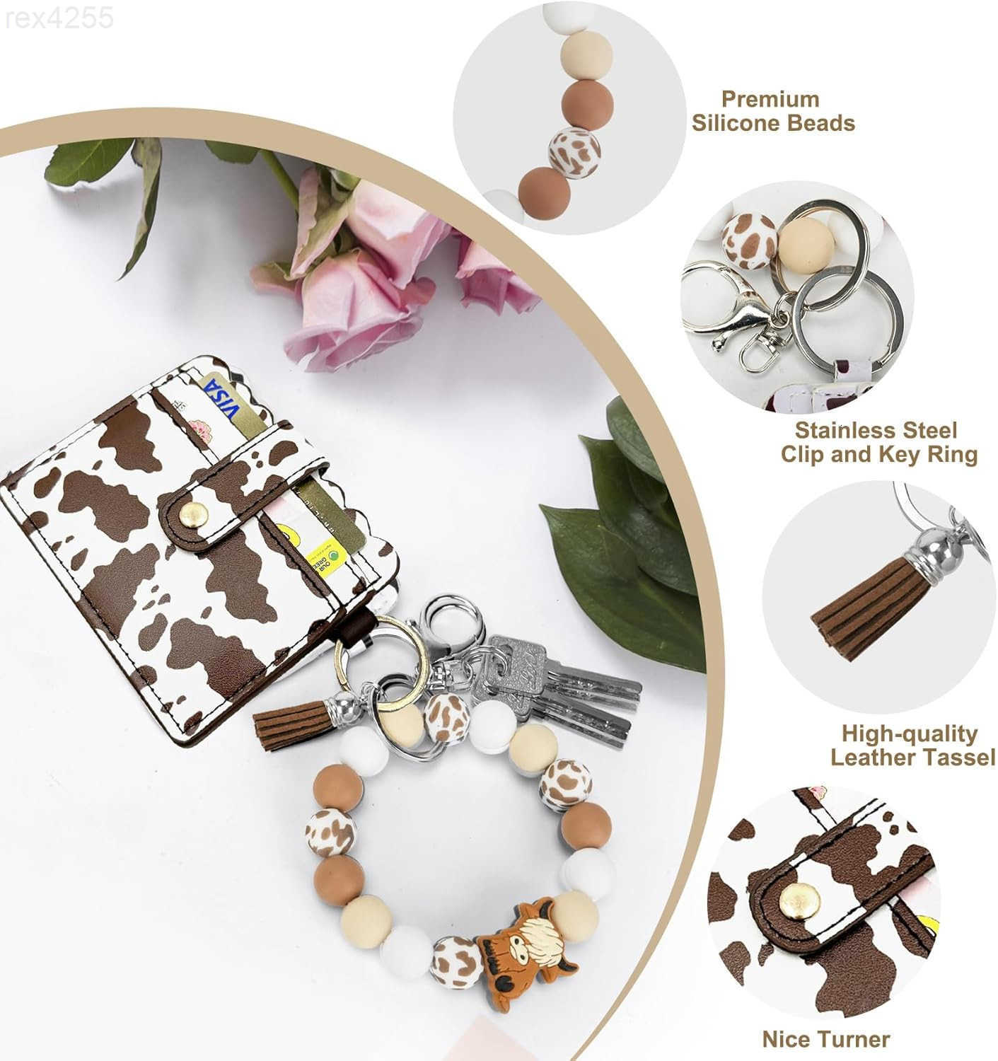 Cow Wristlet Bracelet Keychain with Wallet Card Holder Silicone Beaded Keyring Purse for Women GirlsW250911