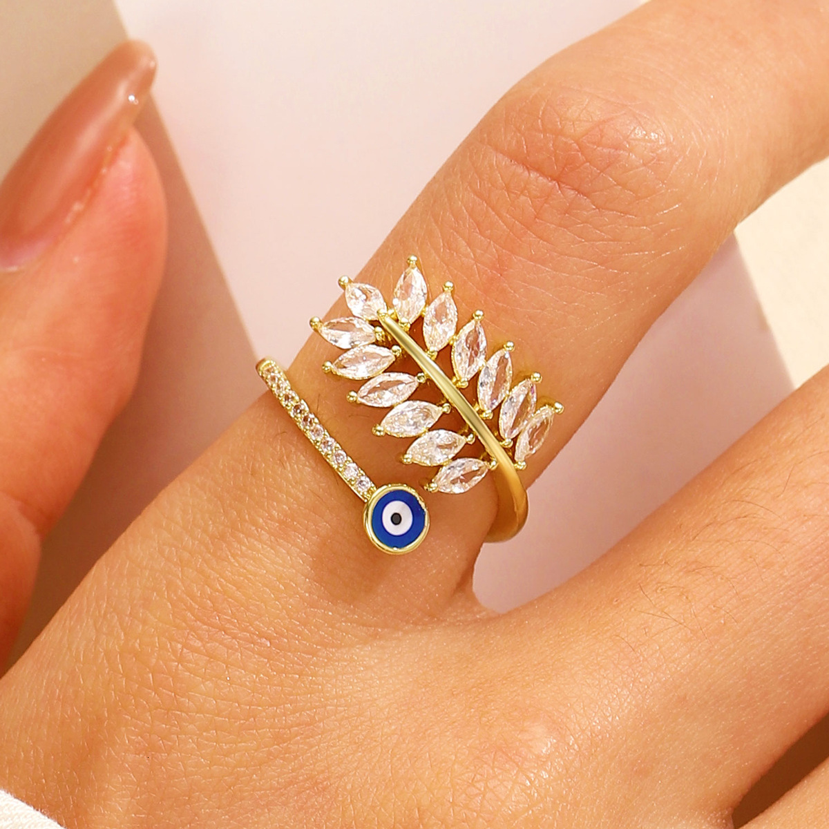 New Copper Inlaid mond Bowknot For Women, Ins Style Design Sense, Wheat Spike Open Index Finger Ring