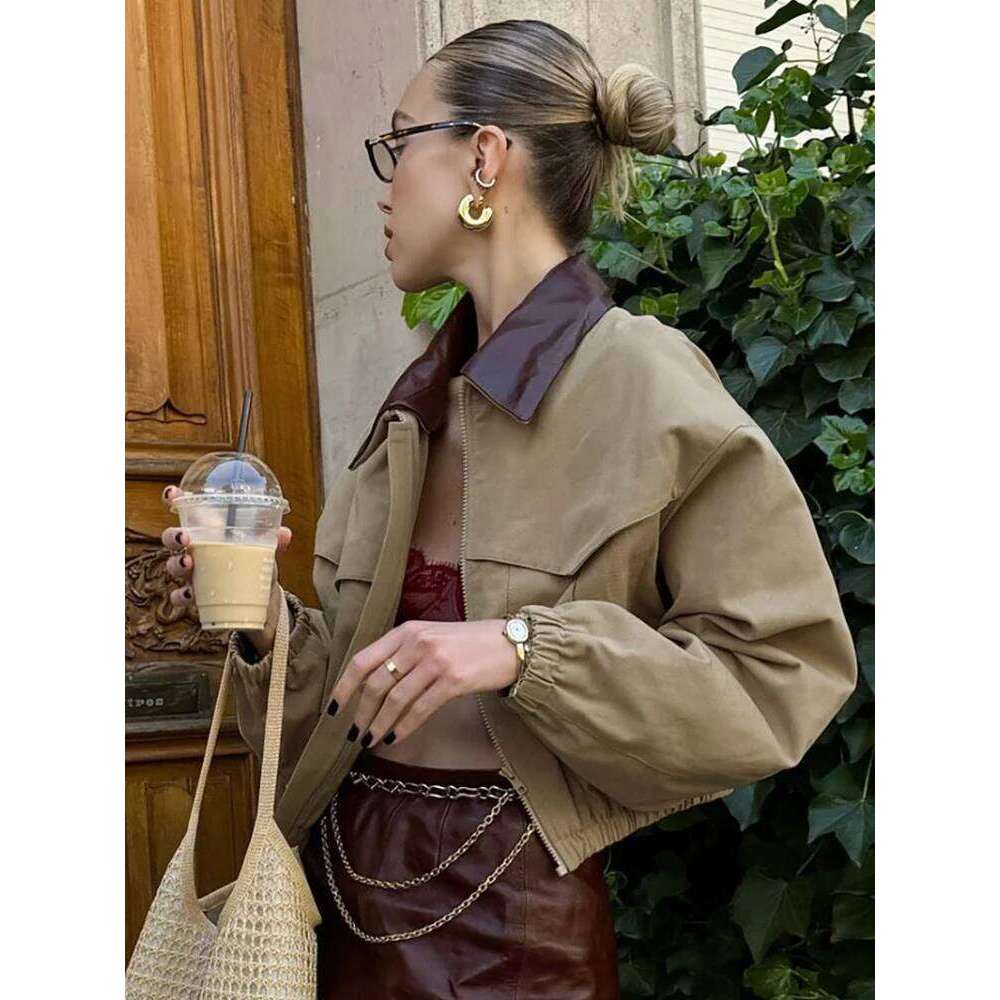 2025 Autumn Patchwork Lapel Long Sleeve Women Jackets Fashion Zipper Turn Down Collar Coats Lady Chic Pockets Outerwear Street