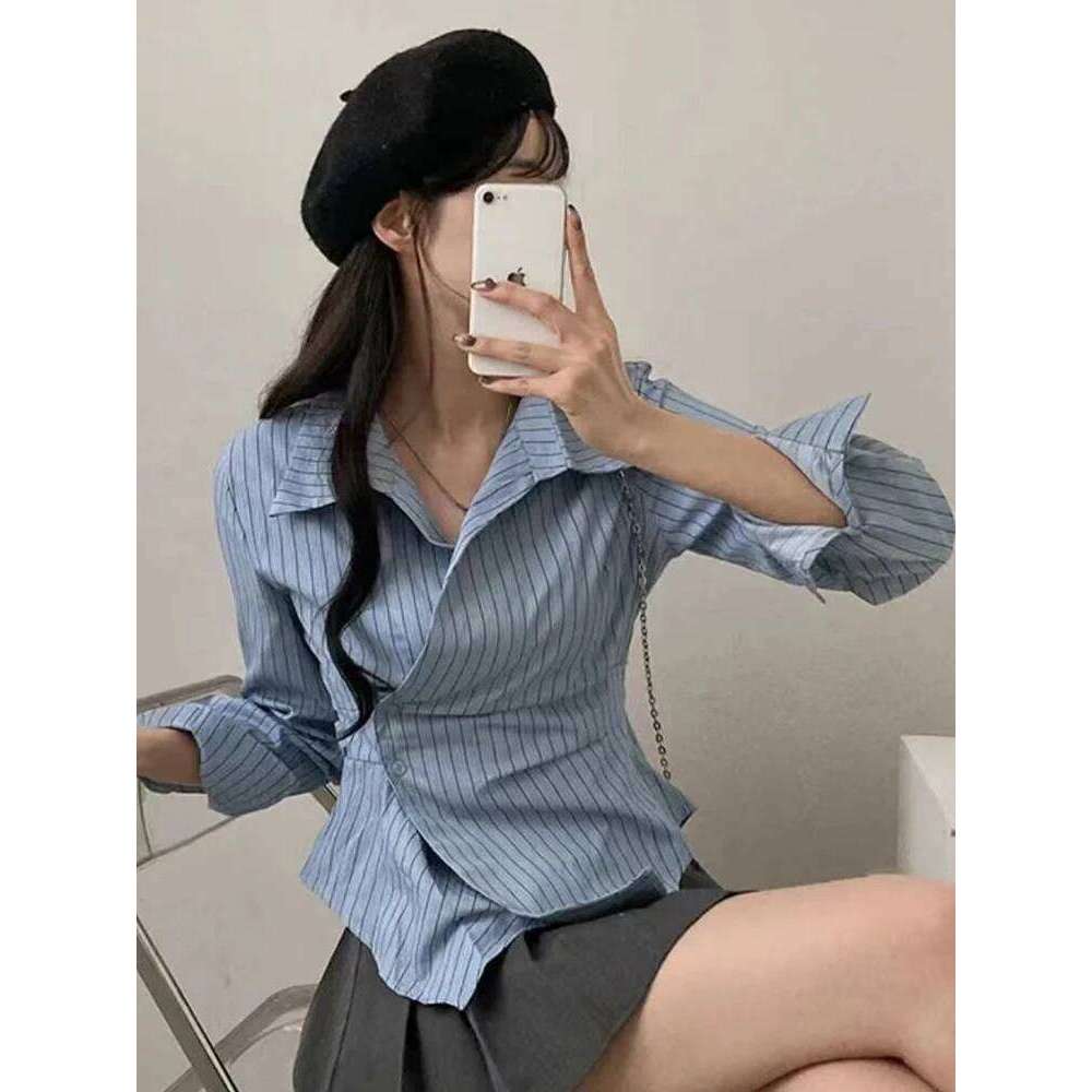 Jmprs Fashion Slim Striped Shirt Women Elegant Korean Long Sleeve Blouse Casual Irregular Female Spring Sweet Chic All Match Top