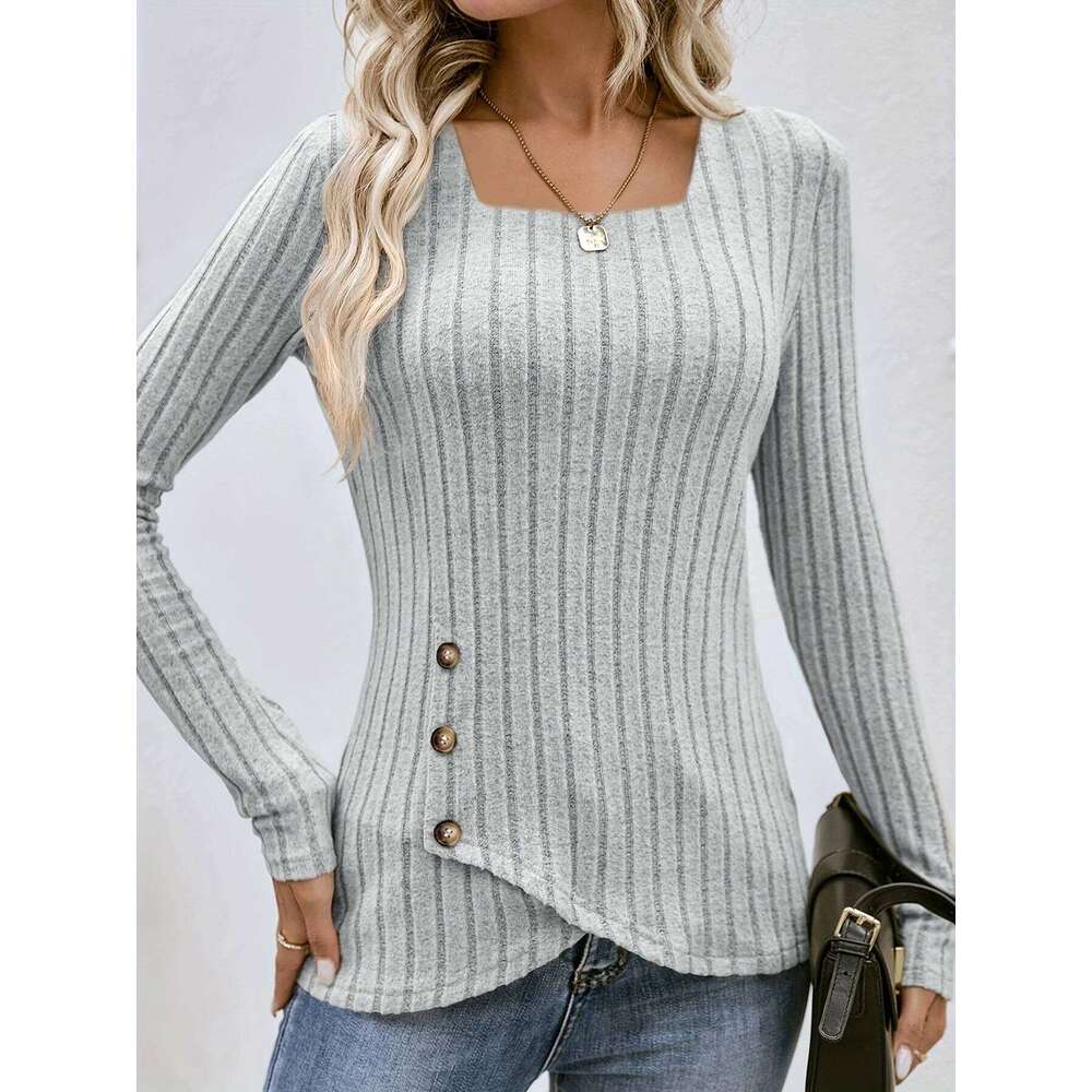 Square Neck Solid Ribbed Button Decort-Shirt, Casual Long Sleeve Top For Spring & Fall, Women's Clothing