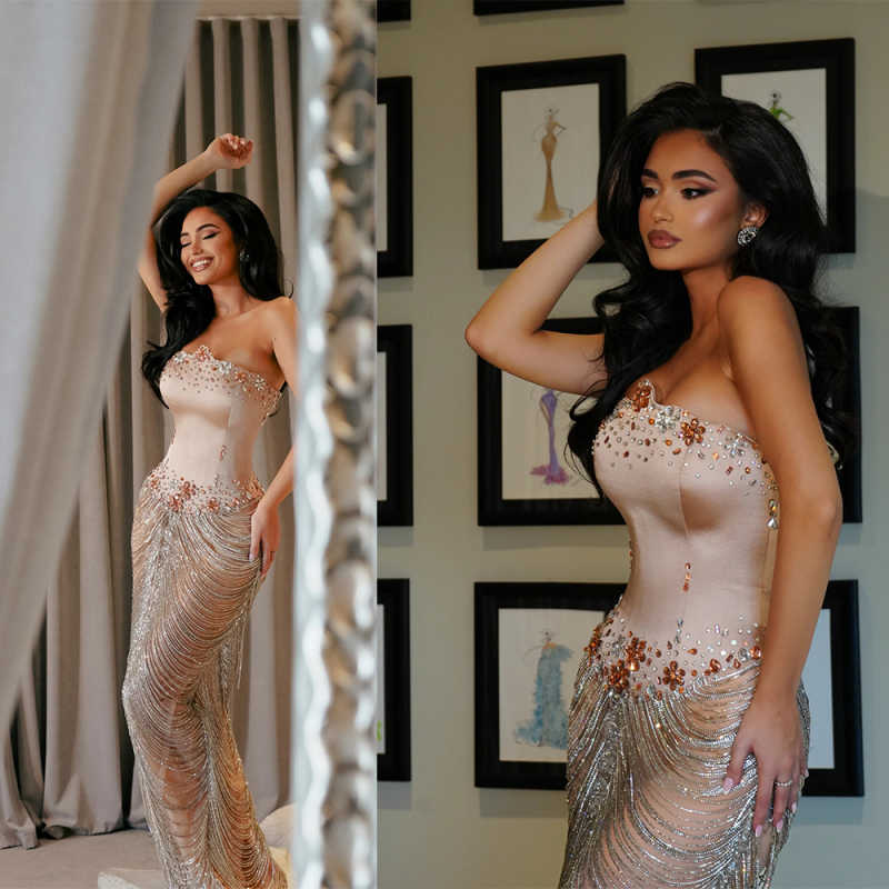 Customized Sparkling Crystal Tassel Sheath Prom Dresses Sleeveless Corset Corset Fishtail Studded Fringe Evening Dresses