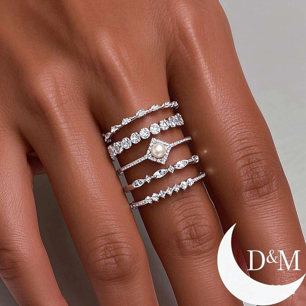 Stackable for Non Tarnish, Dainty Sterling Sier Dia Pearl Rings Set Thumb Fashion Thin Cubic Zirconia Simple Unique Statement Ring Pack Women Jewlery 