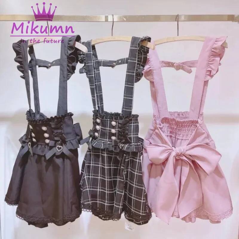 Mikumn Gothic Lolita Retro Bow Pearl Buckle Ruffles Suspender Y2k Japanese Girls Sweet Kawaii Lace A-Line Mini Skirts dongdumaoyi