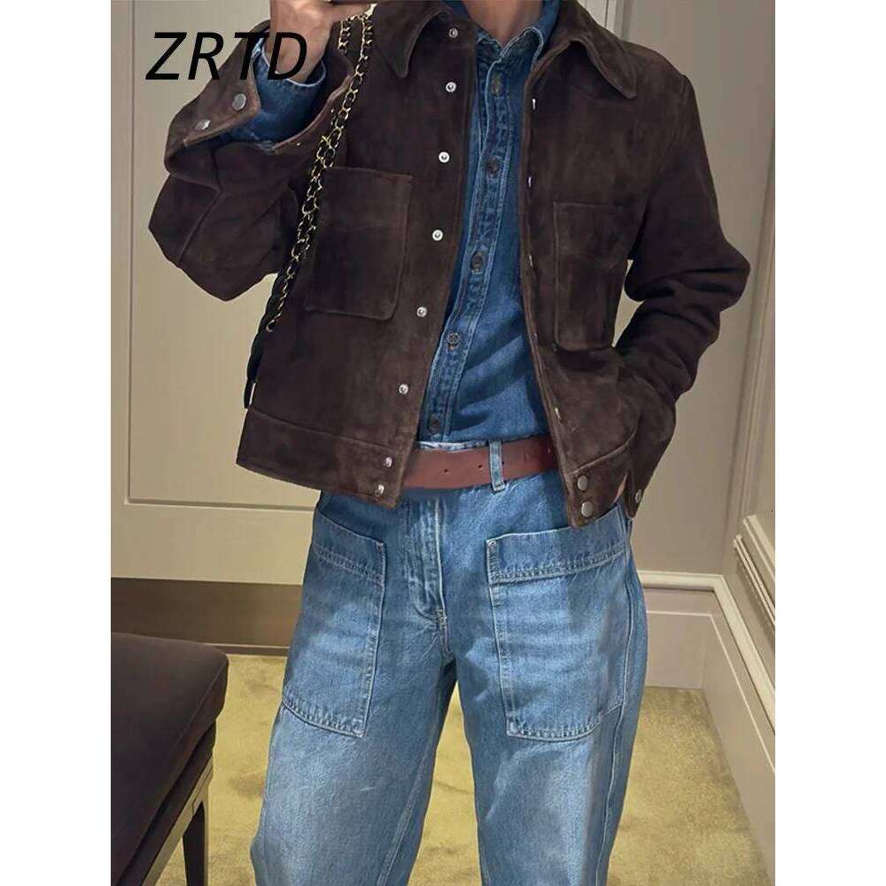 Street Women's Short Brown Suede Jacket Lapel Single Breasted Full Sleeve Pocket Female Coats 2025 Autumn Lady Commute Outerwear