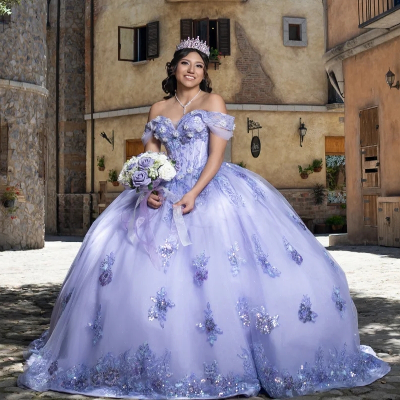 Lavender Shiny Ball Gown Quinceanera Dresses Off The Shoulder Sequin Applique Lace Beading TTull Party Birthday Sweet 16 Dress Vestidos 15 De Anos
