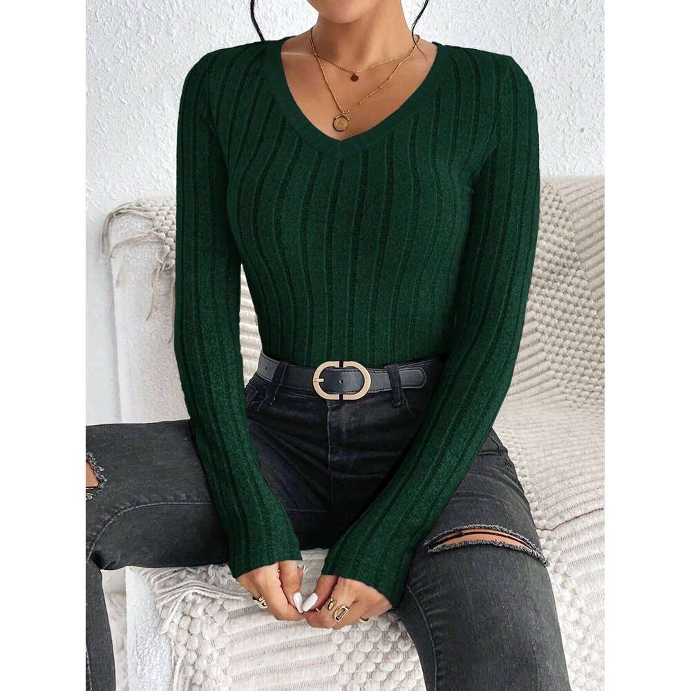 Slim Fit V-Neck Knitted Jumper Long Sleeve Top For Women Sexy Trendy Pullover Casual Wear