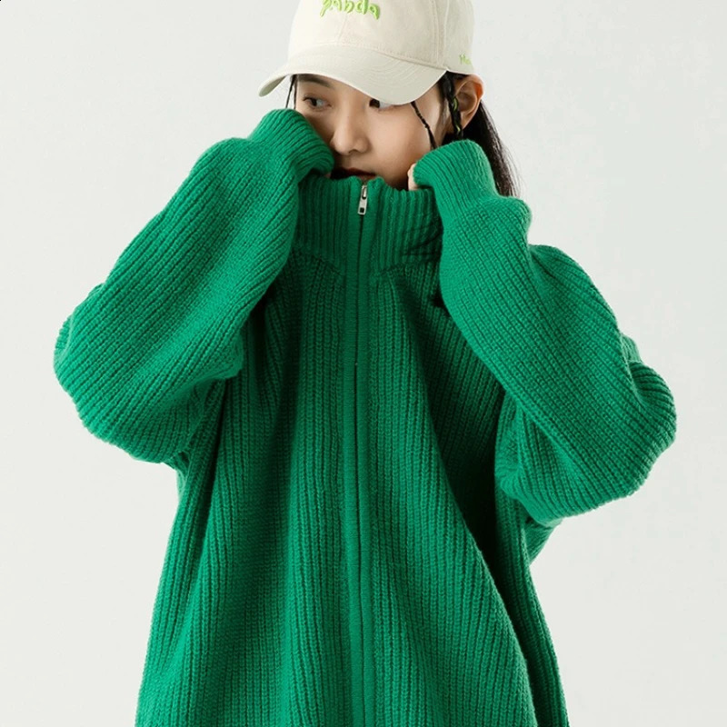 Vintage Long Sleeve Cardigan Women Zip Up Sweater Coat Oneck Elegant Knitted Cardigans Top Fashion Autumn Green Knitwear 250911