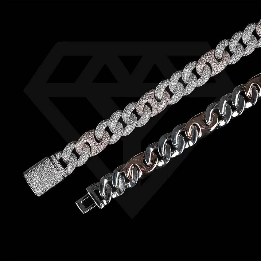 Wholesale 15mm Two Tone Mariner Cuban Link Chain Necklace Micro Pave CZ Moissanite Diamond Hip Hop Style for Wedding Gifts