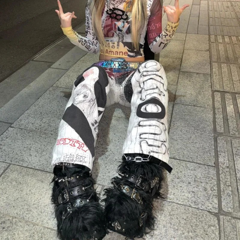 Y2K High Street Retro Graffiti Printed Baggy Jeans Women Streetwear Hip Hop Loose Japanese Millennium Casual Straight 250911