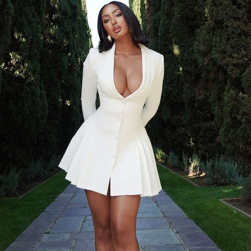 Women's Autumn Winter Solid Color Long Sleeve Pleated Sexy Deep V-neck Blazer Dress