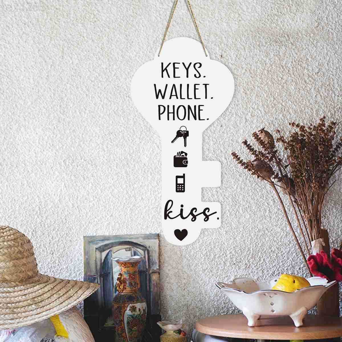 Keys Wallet Phone Kiss Sign Foyer Decor for Entryway Key Shape Hanging Wooden SignW250911