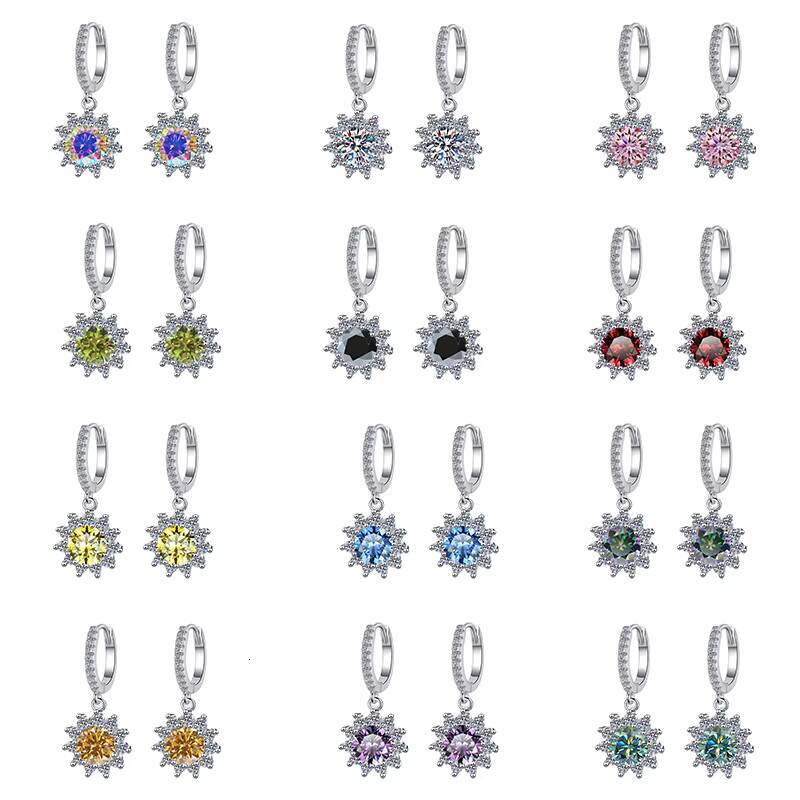Fine Jewel Flower Shape S925 Silver Design GRA Test Drill Pen 105Ct Blue Pink Color Moissanite Stud Pendants Hoop Earrings