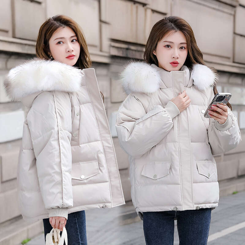 New Women's Down Cotton with Large Fur Collar, Slim Fit Puffer Coat, Thickened Short Jacket