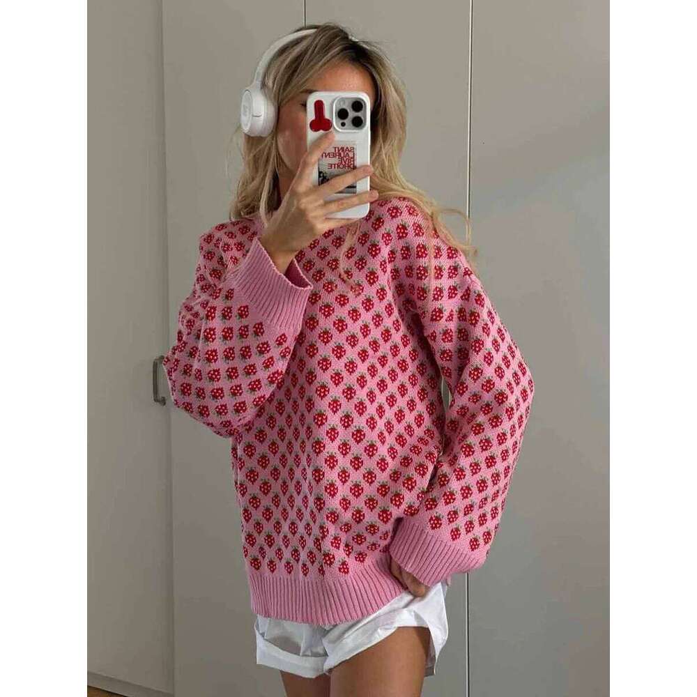 Blubelle Women's O - Neck Pullover Knit Sweater Loose Fit Soft Strawberry Print Oversized Cozy Autumn Winter Casual Pullovers