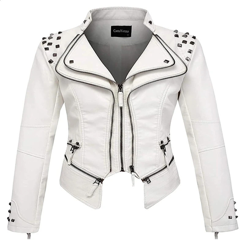 Spring Style Suit Collar Rivet Waist Short Washed Pu Leather Jacket 250911