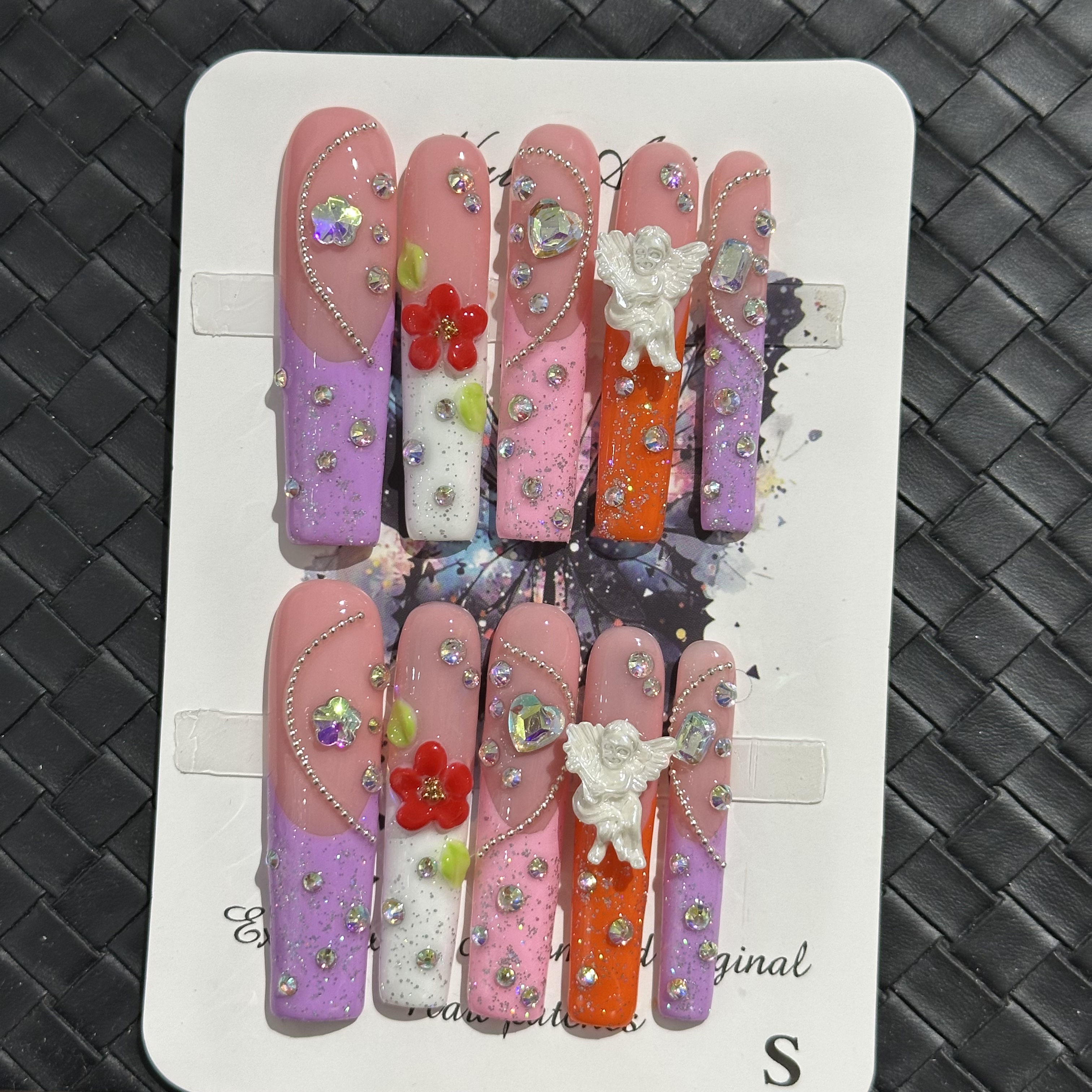 Fake nails, pink flower angel diamonds, hand drawn, trendy and fashionable, European and American Instagram style, extra long, handmade