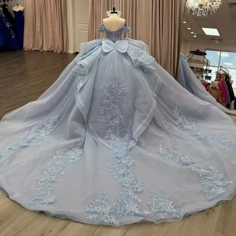Light Blue Quinceanera Dresses Ball Gown Off The Shoulder Applique Lace Beading Crystal Bow Tull Party Birthday Sweet 16 Dress Vestidos 15 De Anos