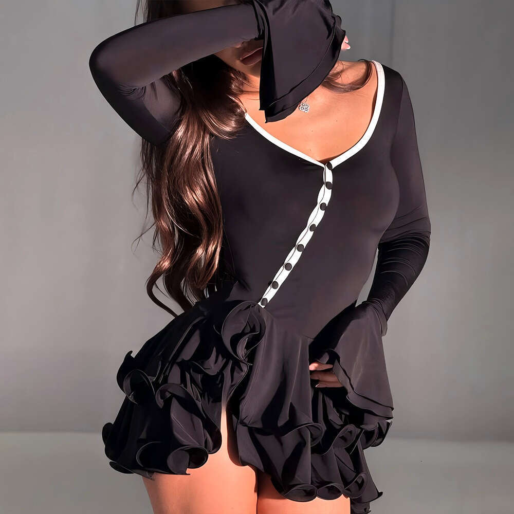 Women's Fashion 2025 Summer New Bell Sleeve Waist-Cinching Low-Cut Sexy Hot Girl Button Dress
