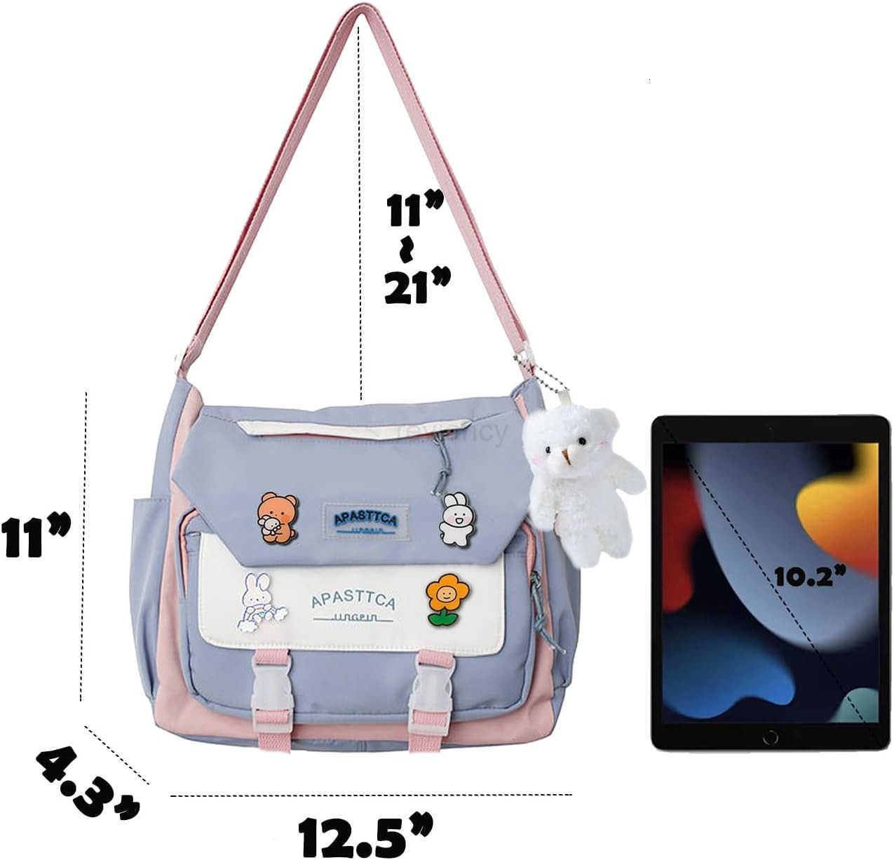 Messenger Bag for Teen Girls Women Kawaii Crossbody Shoulder Purse with Pins and Stuffed Pendant GiftW250911