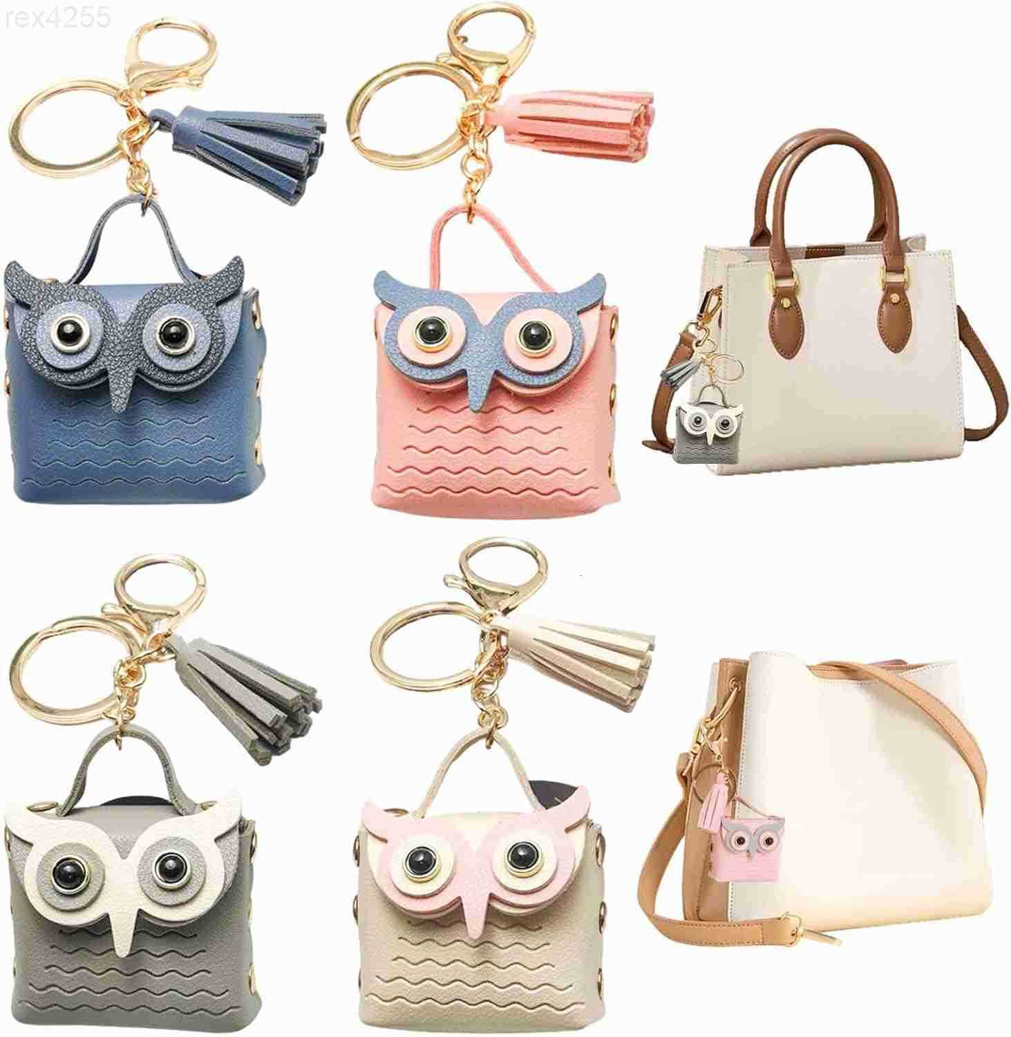 4 PCS Owl Mini Backpack Keychain PU Leather Owl Key Chain Cute Tassel Keyring Metal Snap Button Change Wallet Bags for Women Girl Small Cosmetic Bag D