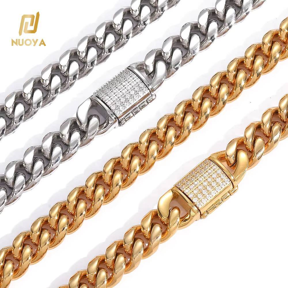 Wholesale Custom Hip Hop Stainless Steel Cuban Necklace CNC Pave Cz Iced Clasp 18K Gold Necklace Cuban Link Chain