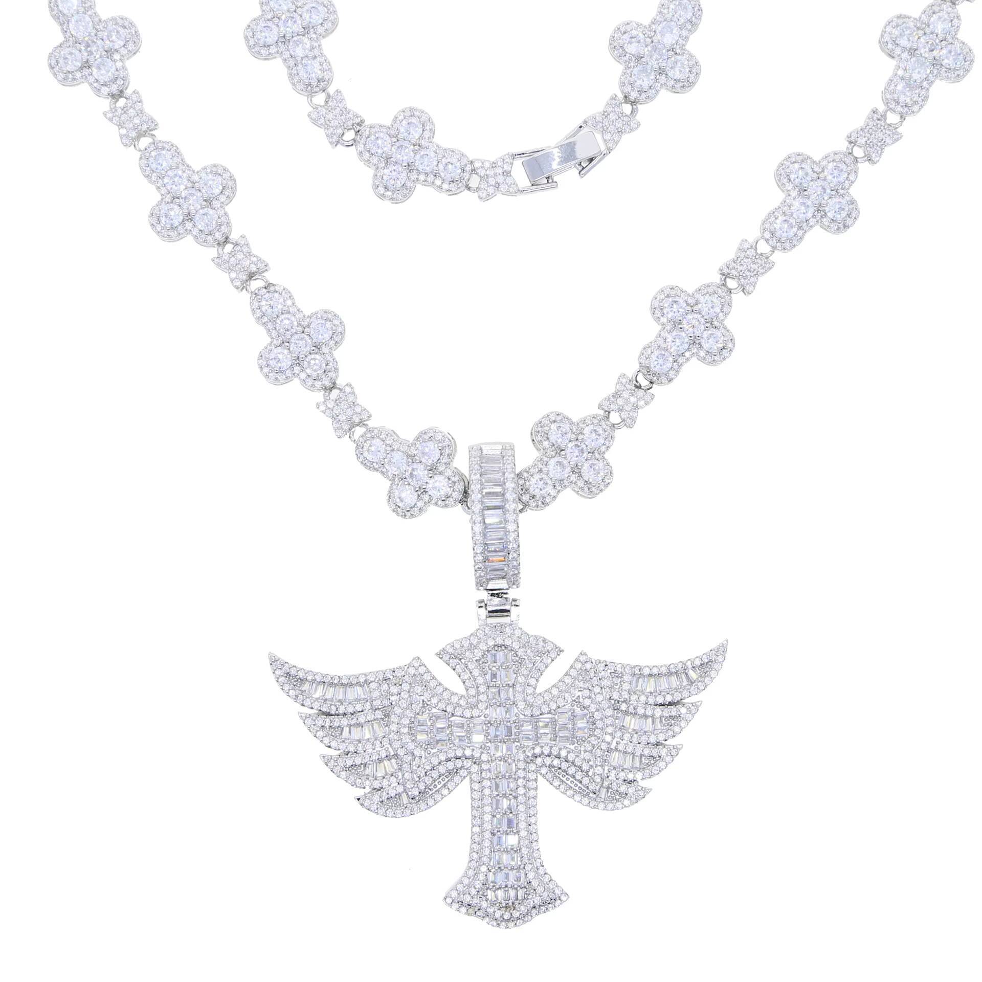 Hip Hop Lced Out CZ Zircon Cross Pendant Necklace Shiny Cross Tennis Link Chains Necklace for Men Jewelry