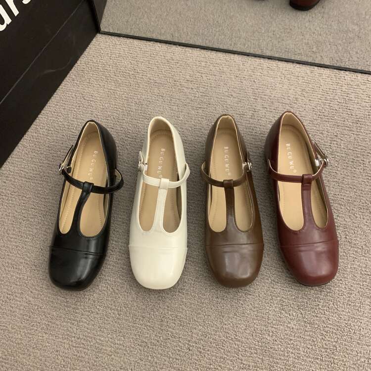 French Style Squ Toe Shallow Mouth Mary Jane for Women Summer Designer Shoe New Grandma Casual T-Buckle Flat Single Shoes
