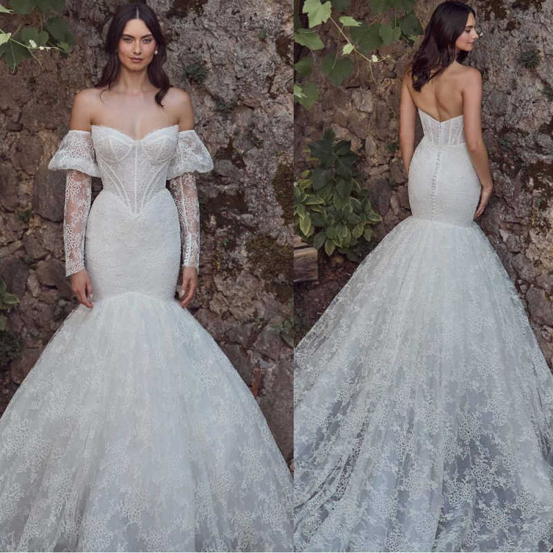 Vintage Lace Pears Mermaid Wedding Dresses For Women Long Illusion Sleeves Bride Gowns Women Vestidos De Novia Luxury Customized