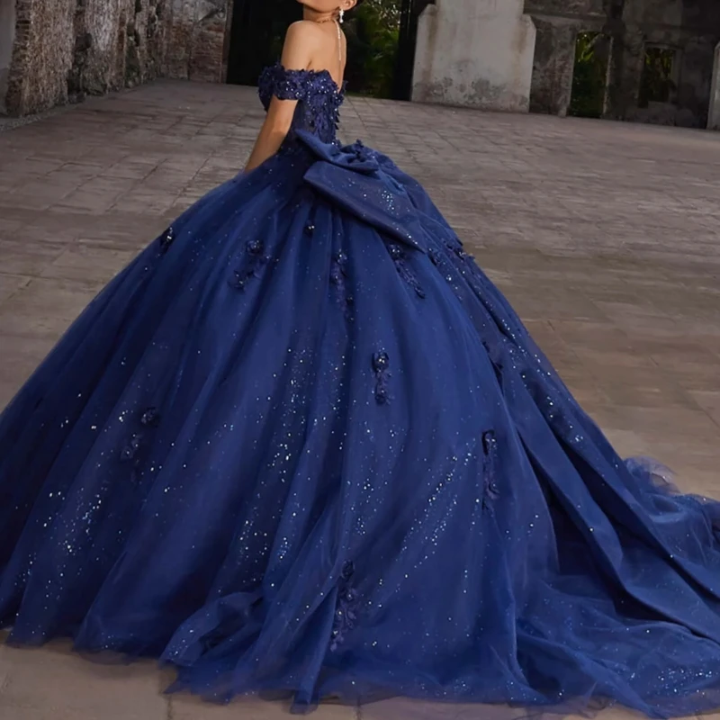 Navy Blue Shiny Quinceanera Dresses Ball Gown Off The Shoulder Applique Flower Beads Bow Tull Party Birthday Sweet 16 Dress Vestidos 15 De Anos