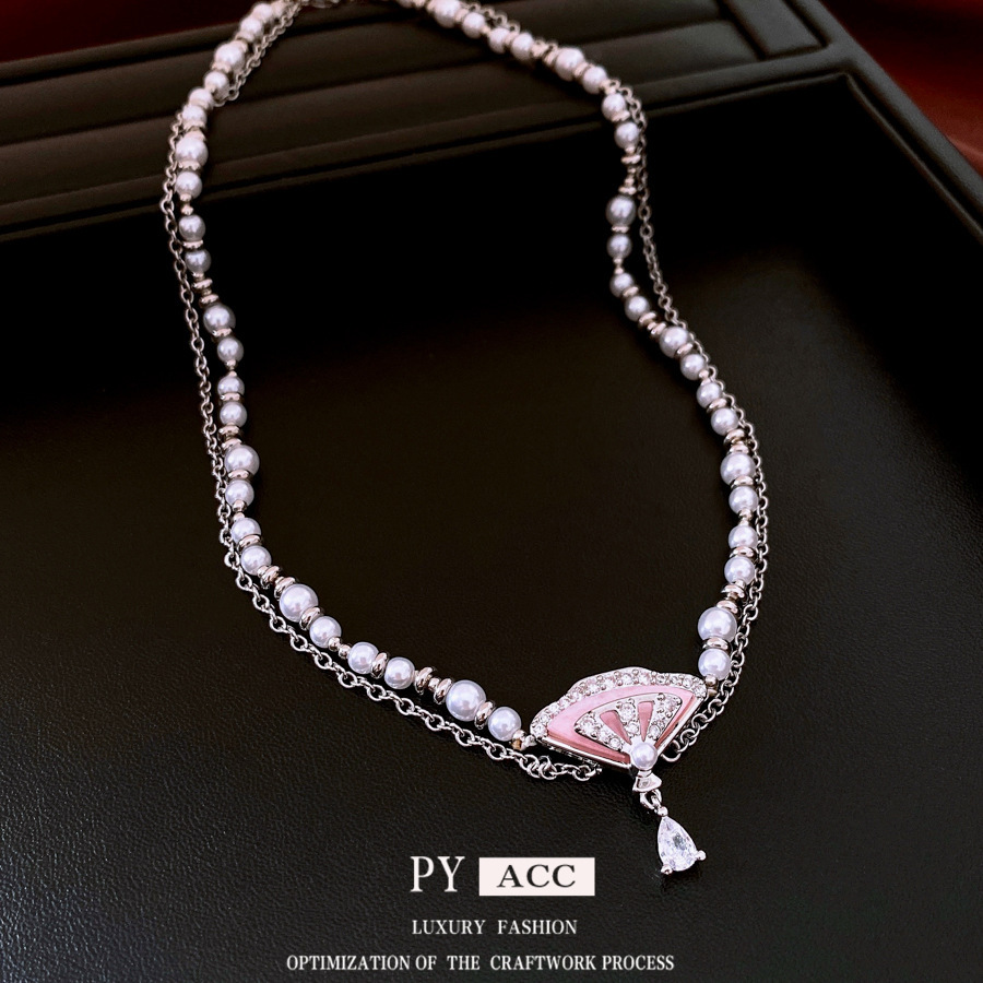 Luxury Brand Designer Jewelry Light Luxury Zircon Pearl Fan-Shaped Water Drop Necklace French Retro Versatile Collarbone Chain Niche High-End Sense Ne