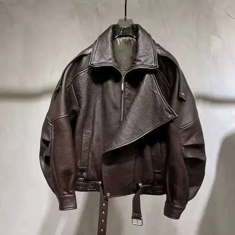 2025 Autumn/Winter Fashion Black Women Loose Casual Coat PU Leather Motorcycle Jacket Womn Tops