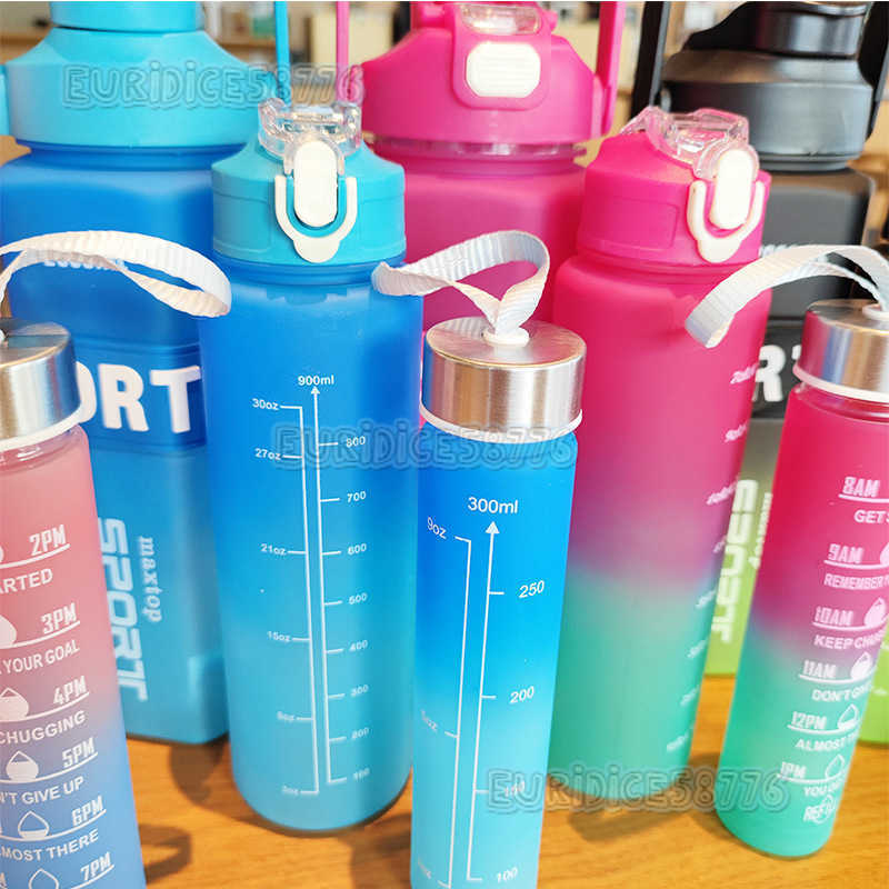 Large Capacity Pet Plastic Cup Gradient Threepiece Set Double Drinking Straw Water Cup Outdoor Sports Portable Handle Cold Water Bottle H250911