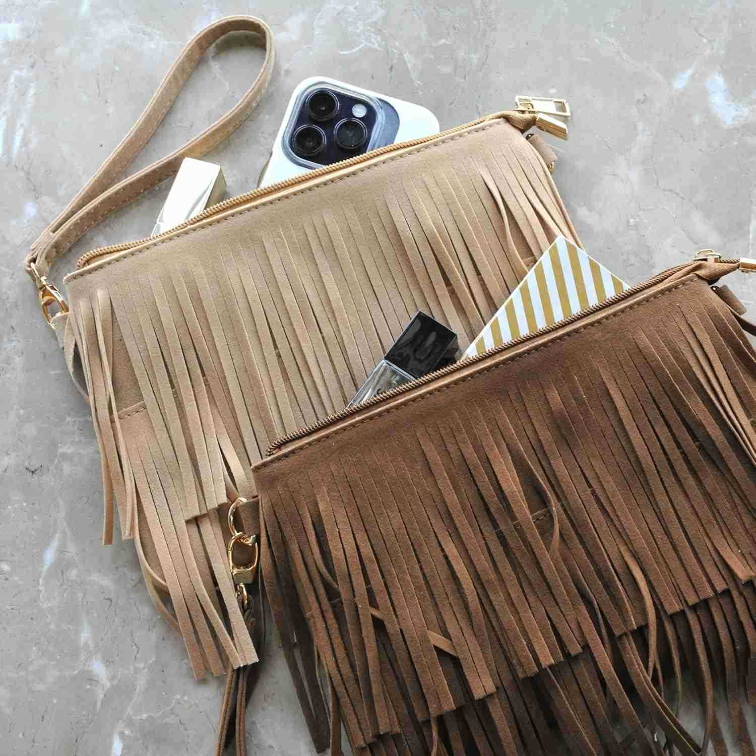 Fringe Cross Body Bag Womens Small Shoulder Bag Top Zip WristletW250911