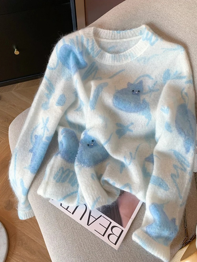 Heavy Industry n Cat Print Bead Soft Waxy Pullover Womens Lazy Agereducing Mohair Knitted Sweater 250911