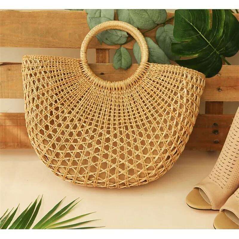 Summer Boho Rattan Large Capacity Eco-Friendly Handbags Retro Semi-Circle Top-Handle Casual Tote Bag Hollow Out Beach Bags