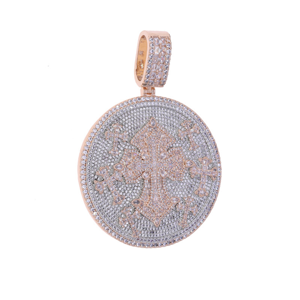 Hip Hop Cross Big Disc Pendant Necklace 5A Zircon Jewelry with 12mm Cuban Chain