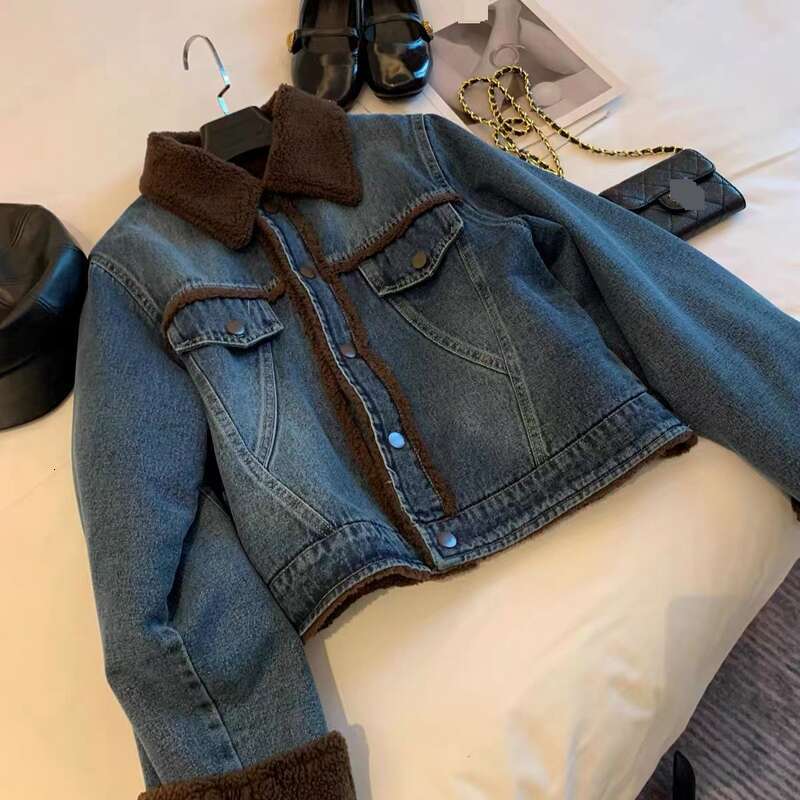 Women's Clothing French Street Style Plus Veet Thickened Denim For Women Spring And Autumn Age Reducing Cotton Padded Jacket