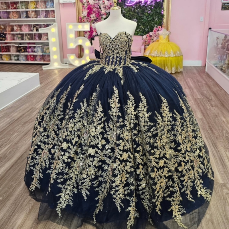 Navy Blue Ball Gown Quinceanera Dresses Off The Shoulder Applique Lace Beads Bow Tull Party Birthday Sweet 16 Dress Vestidos 15 De Anos