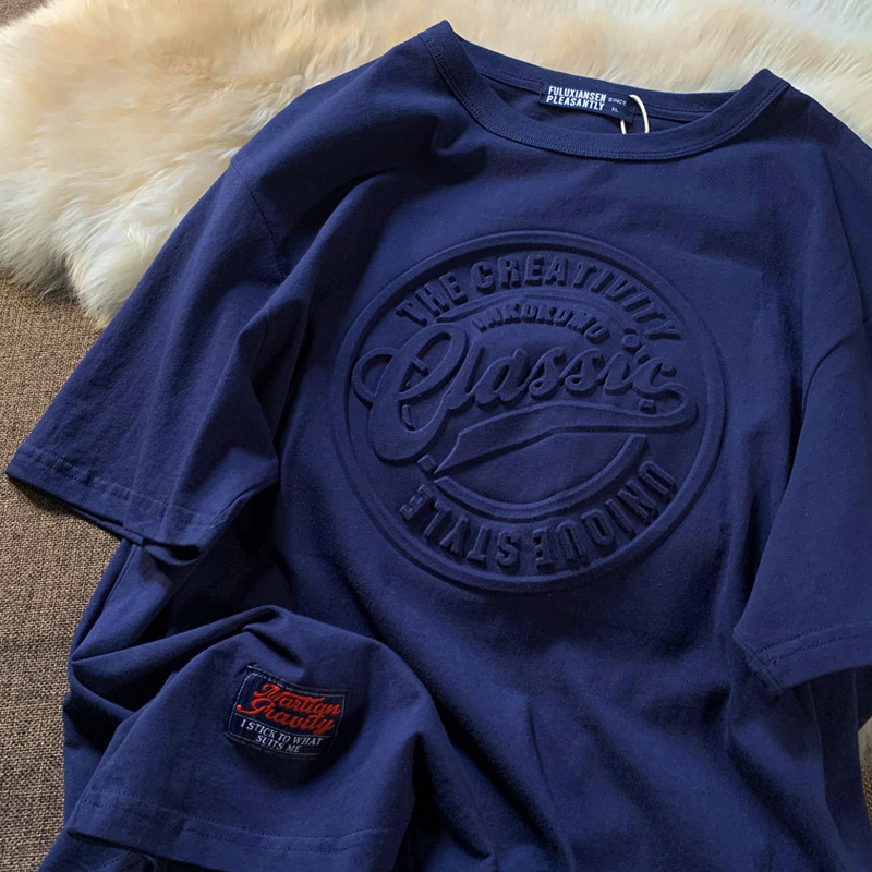 Men's 3D Embossed 100% Cotton Short Sleeve T-Shirt, Custom Style, Anti-Shrink, Black/Red Selectable