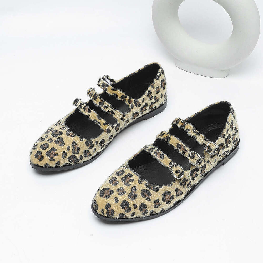 Plus Size Women's Round Toe Designer Shoe Shallow Mouth Thick Sole Non-Slip Horsehair Leopard Print Single Three-Strap Mary Jane Shoes